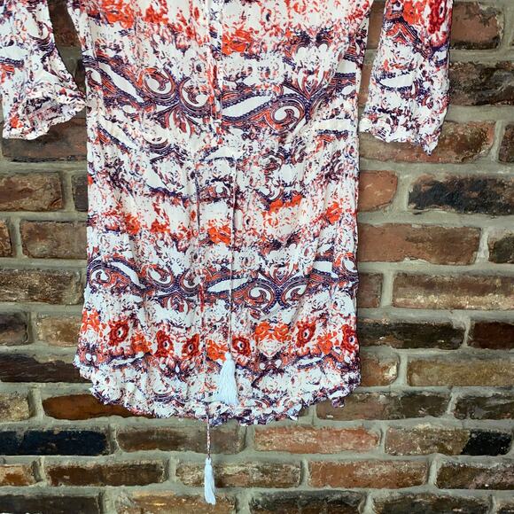 Black Swan Multicolored Print 3/4 Sleeve Mini Tassel Tie Dress Womens Size Large - Picture 3 of 6